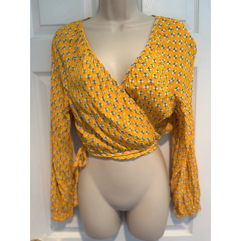 RHODE Target Yellow Floral Wrap Crop Top Womens Large Boho Long Sleeve Blouse